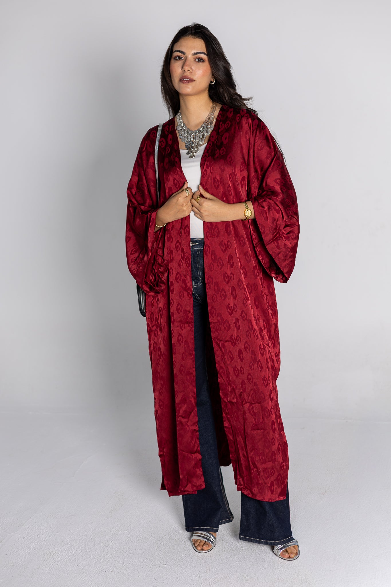 Burgundy Satin Jacquard Kimono