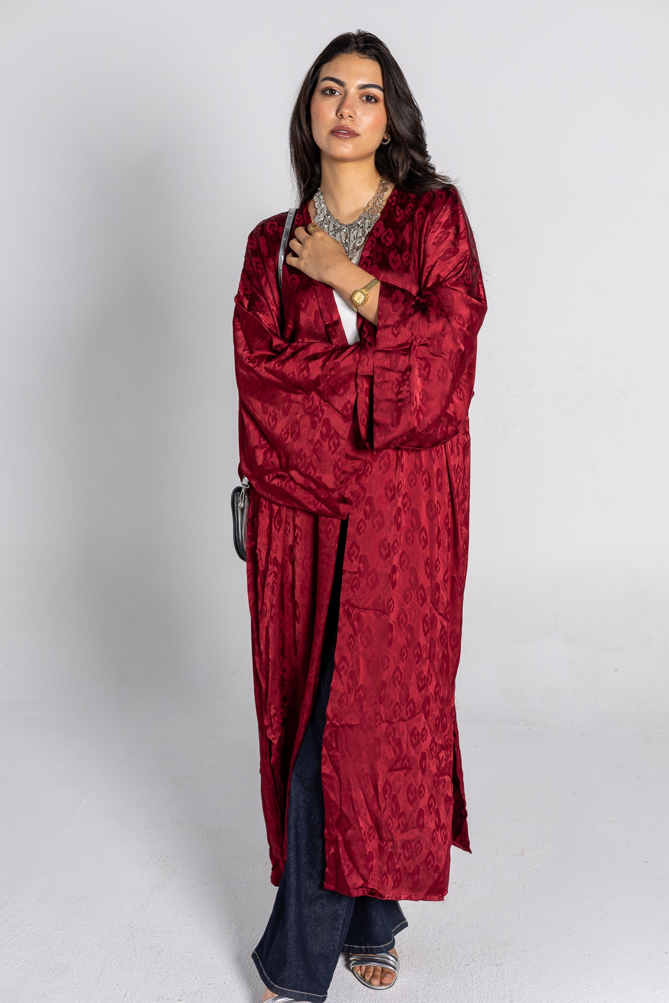 Burgundy Satin Jacquard Kimono
